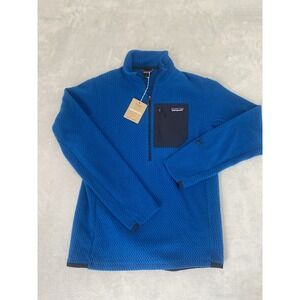Patagonia R1 Air Sweater Mens Small Blue Logo Zigzag Mock Neck Half Zip Pullover